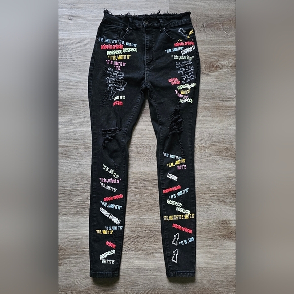 RedFox Black Graffiti Skinny Jeans – Size 15 - Picture 1 of 6